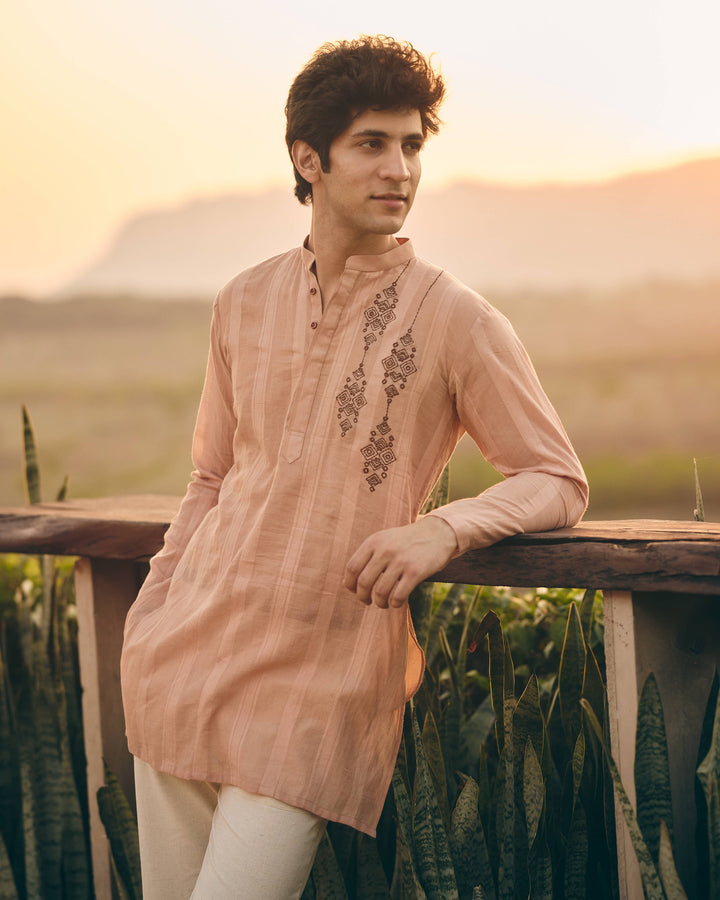 Brix Brown Cotton Dobby Embroidered Shirt