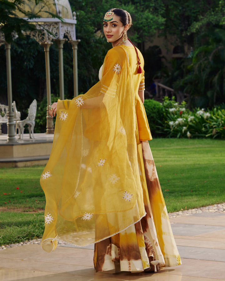 Tripura Yellow Embroidered Tie- Dye Chanderi Suit Set
