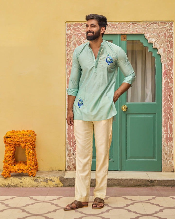 Himant Turquoise Blue Embroidered Chanderi Kurta