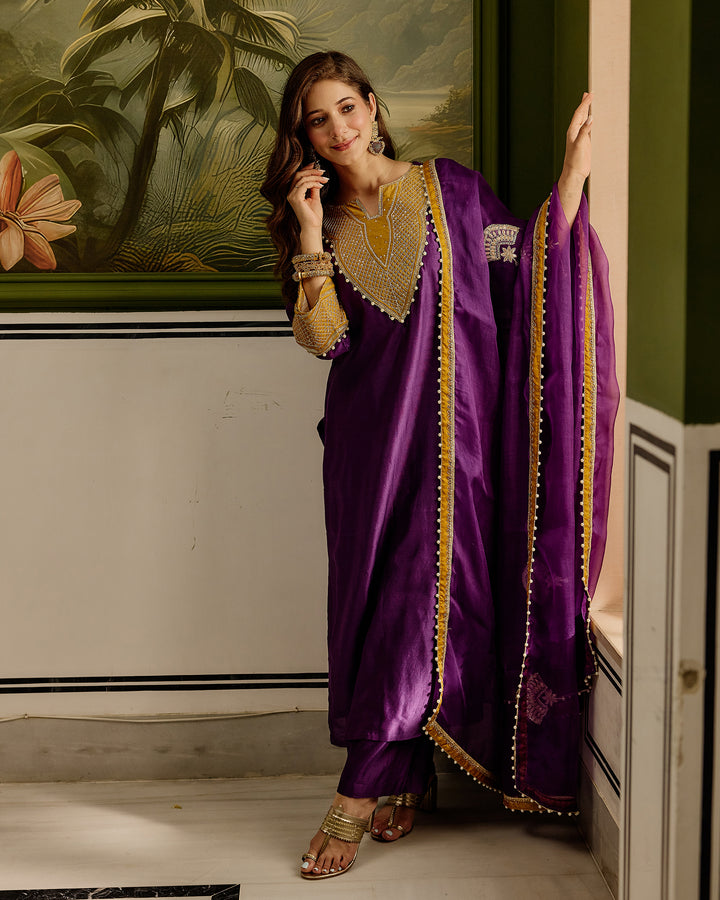 Ambika Purple Embroidered Chanderi Suit Set