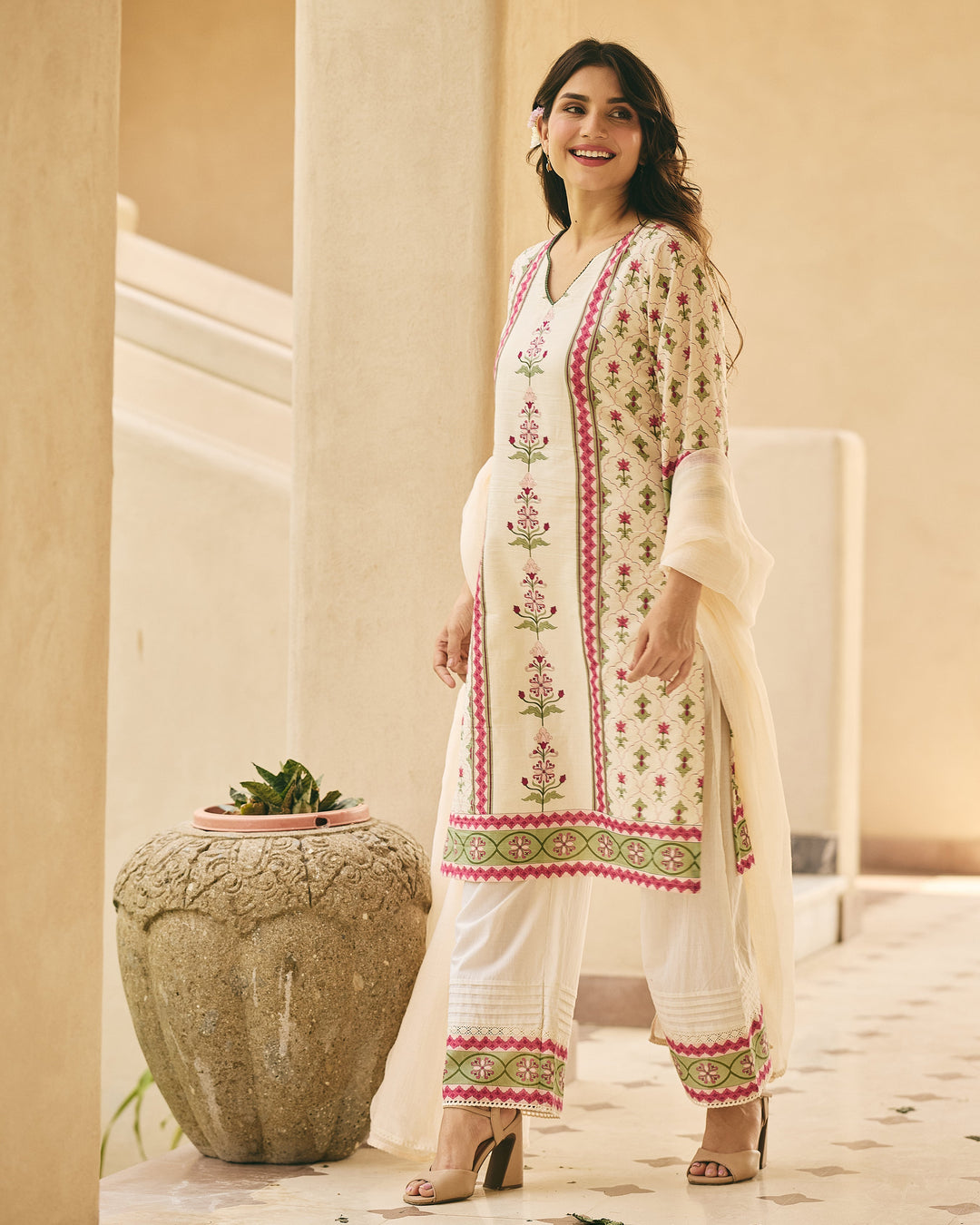 Kaisan Beige Cotton Printed Suit Set