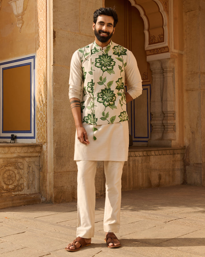 Omkar Grey Printed Chanderi Jacket And Kurta Set