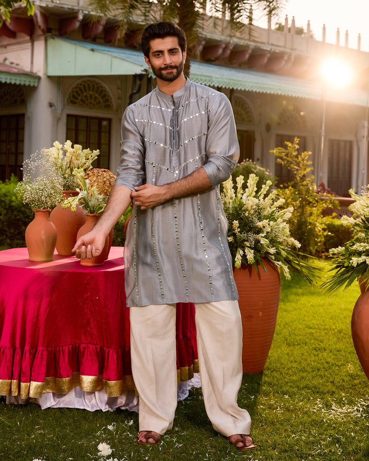 Padmesh Grey Chanderi Embroidered Kurta