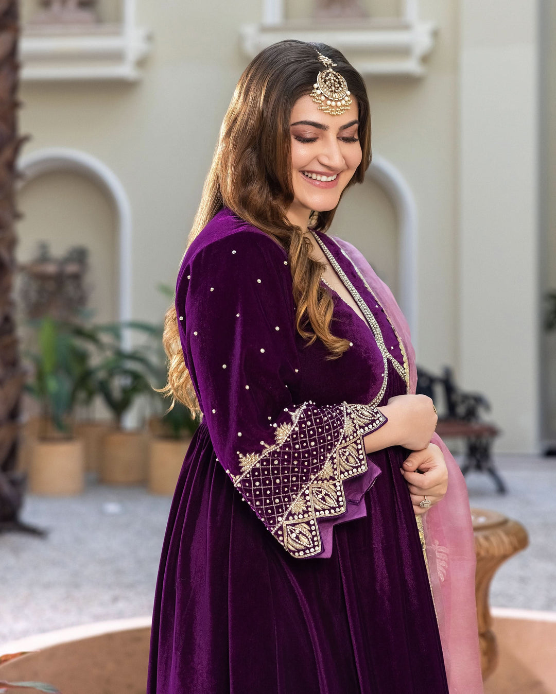 Shop Jamni Purple Embroidered Velvet Suit Set for Women Online in