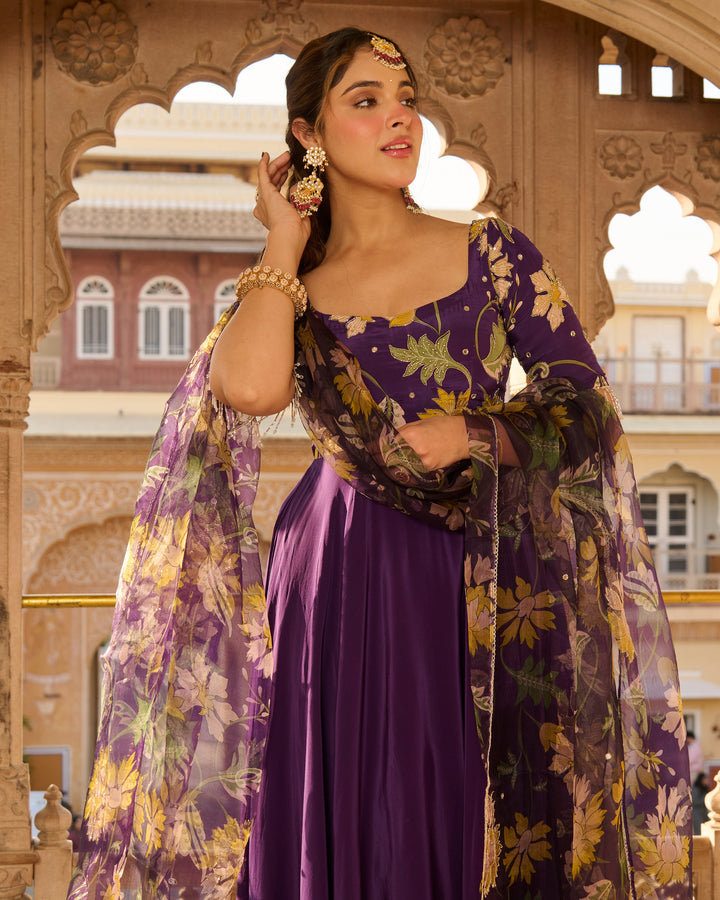 Anjula Purple Printed Crepe Suit Set