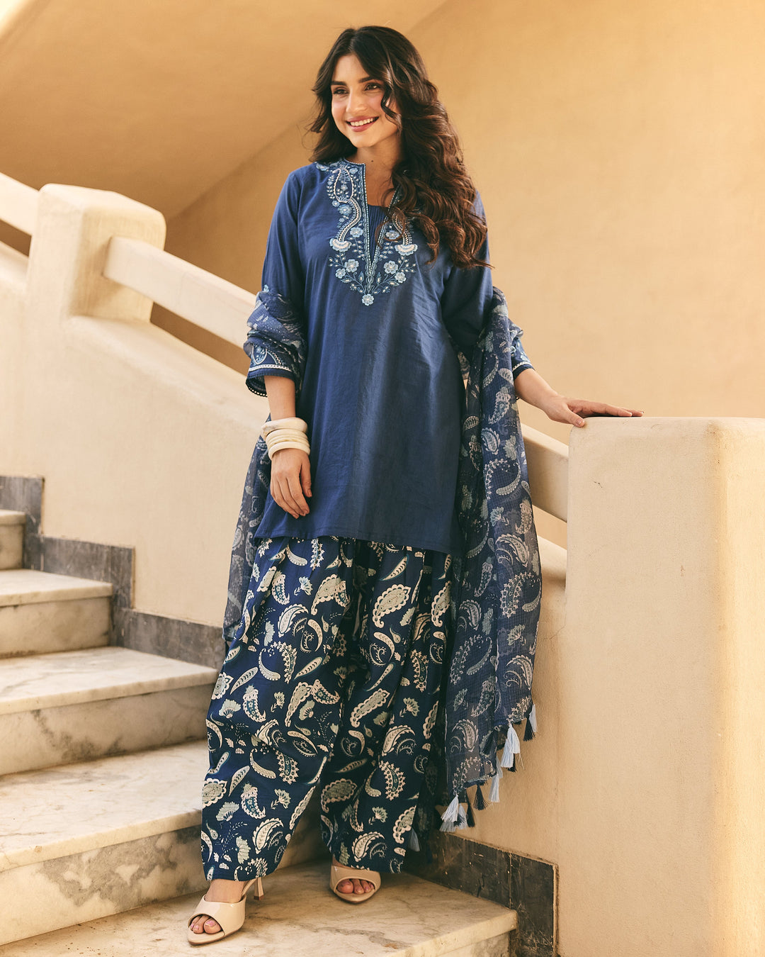 Nella Blue Cotton Printed Farsi Salwar Set