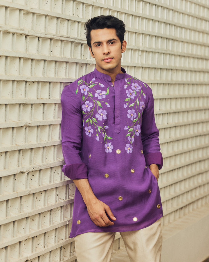 Rudvek Purple Handpainted Tabby Stripes Kurta