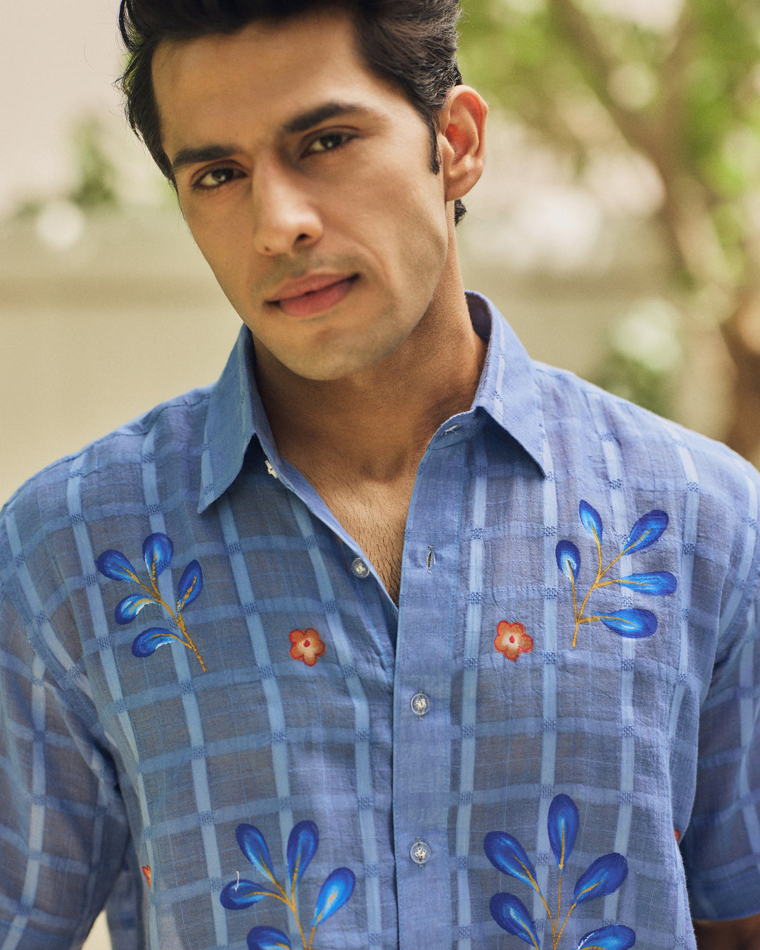 Samay Blue Cotton Dobby Handpainted Shirt
