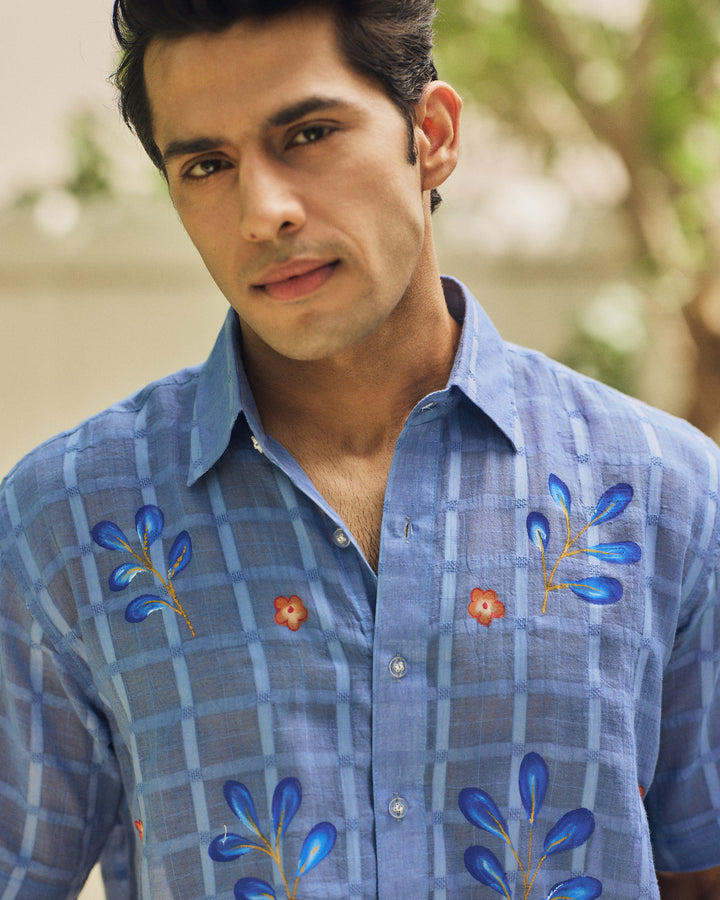 Samay Blue Cotton Dobby Handpainted Shirt