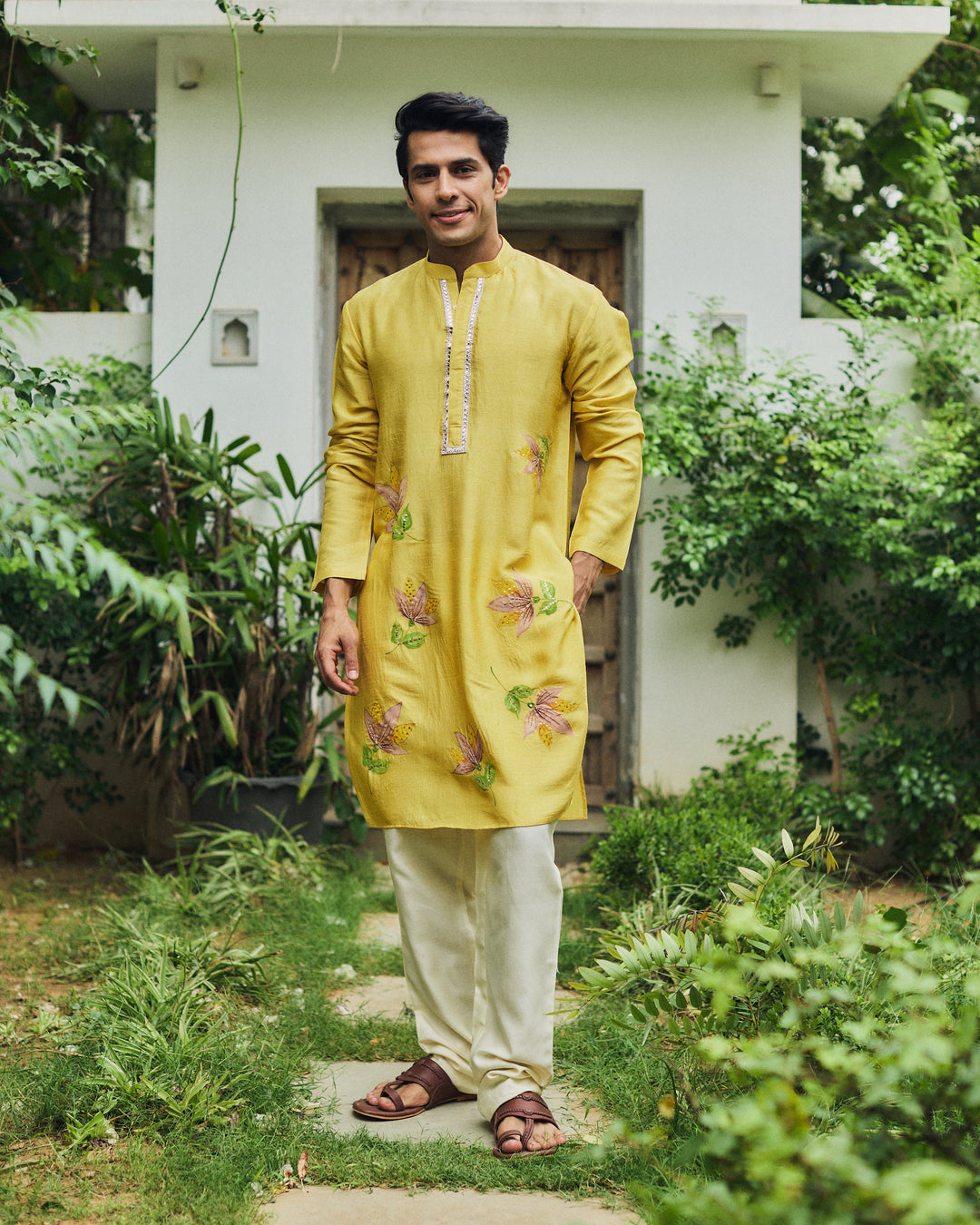Aurev Yellow Handpainted Silk Kurta