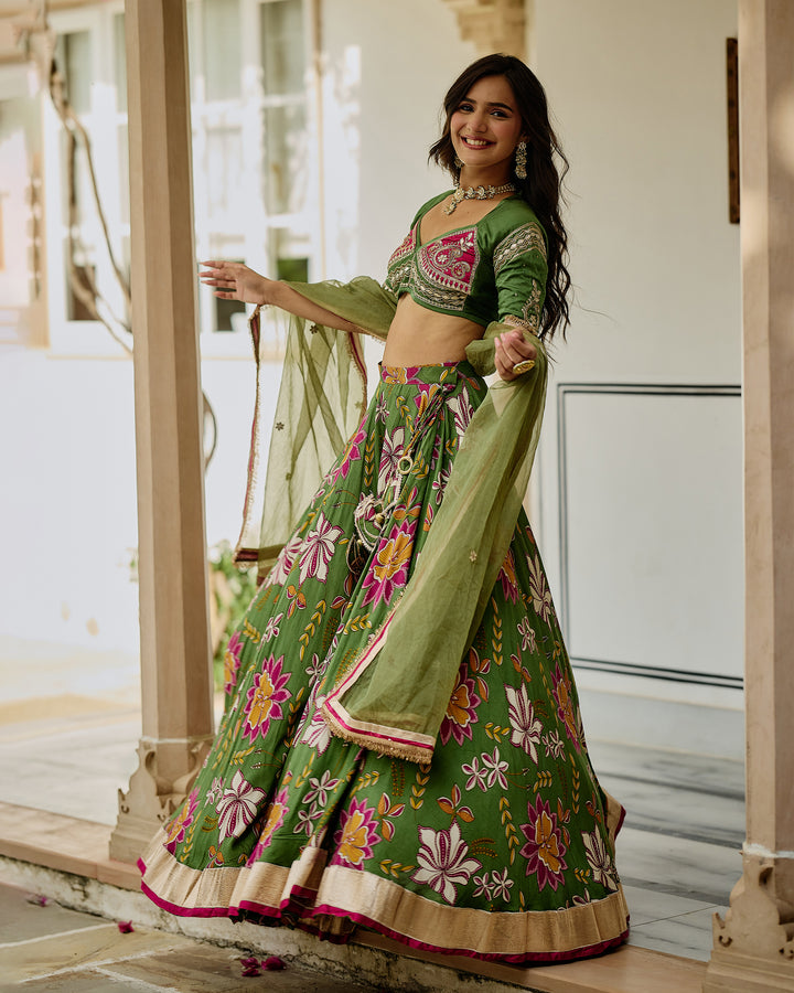 Zara Green Printed Satin Lehenga Set