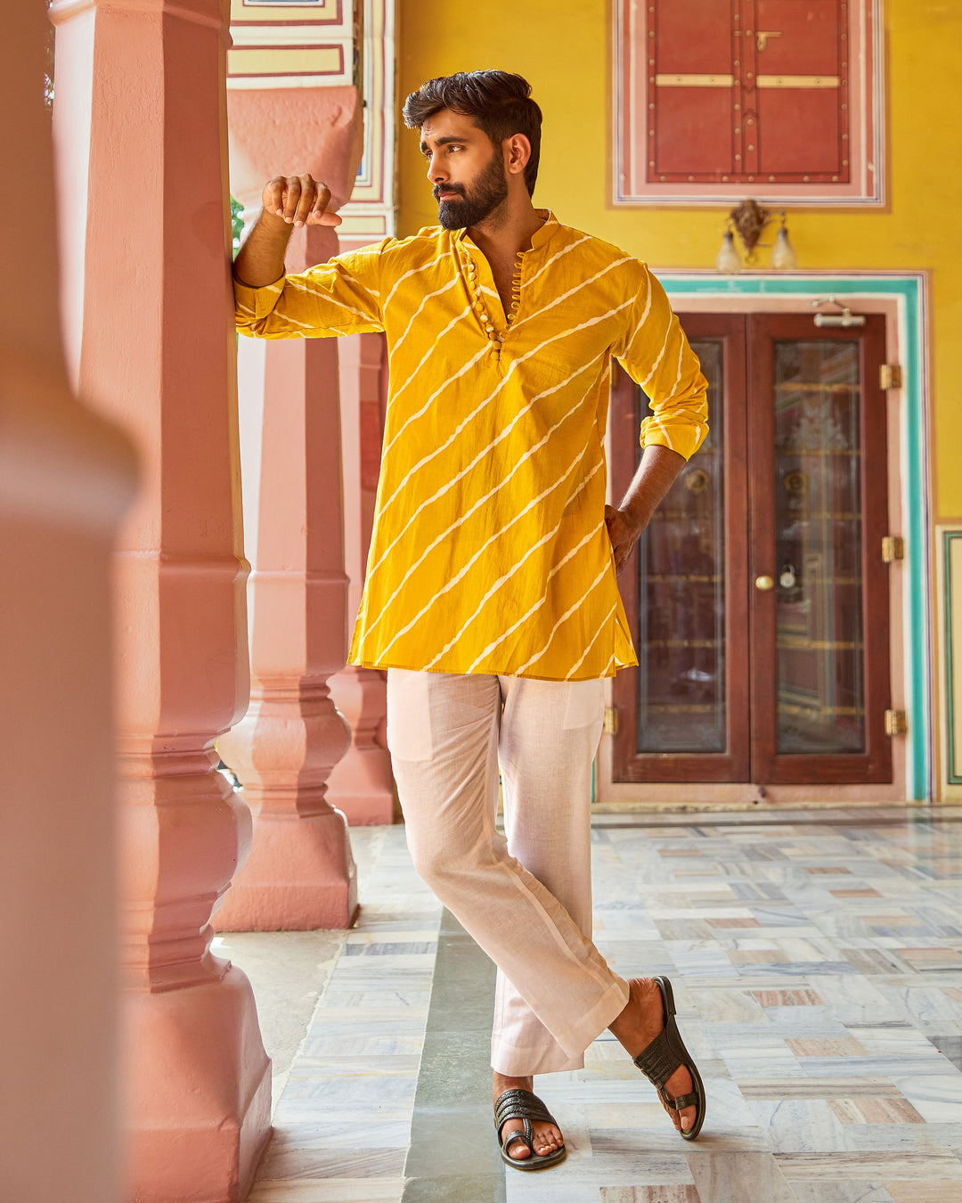 Rishabh Yellow Leheriya Cotton Kurta