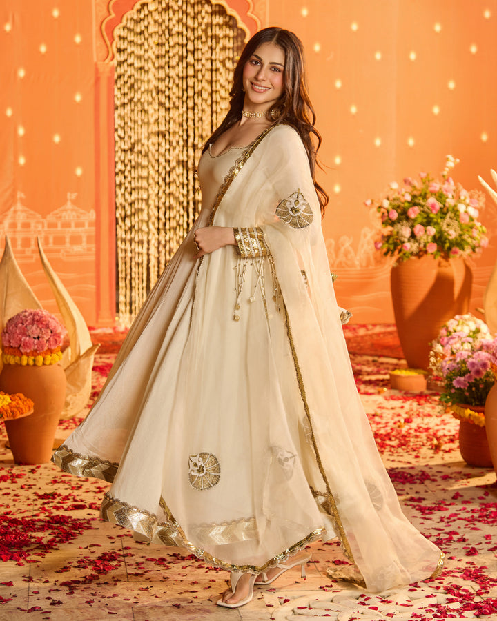Devika Greyish Off White Embroidered Chanderi Suit Set