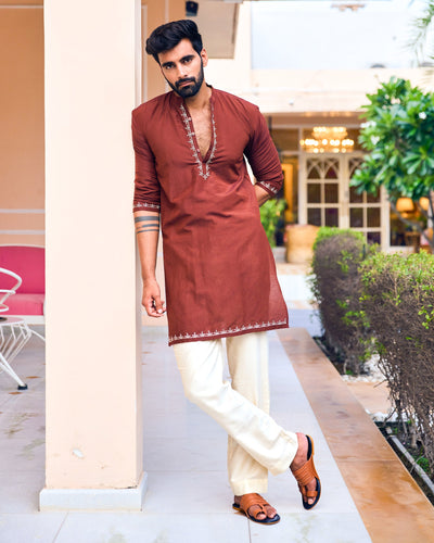Rajvansh Brown Embroidered Silk Kurta
