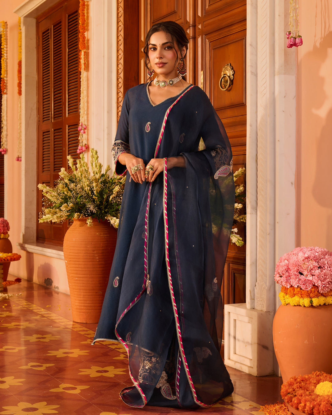 Riddhima Teal Blue Embroidered Chanderi Suit Set