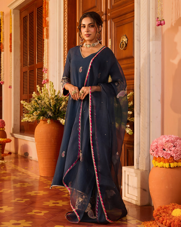 Riddhima Teal Blue Embroidered Chanderi Suit Set