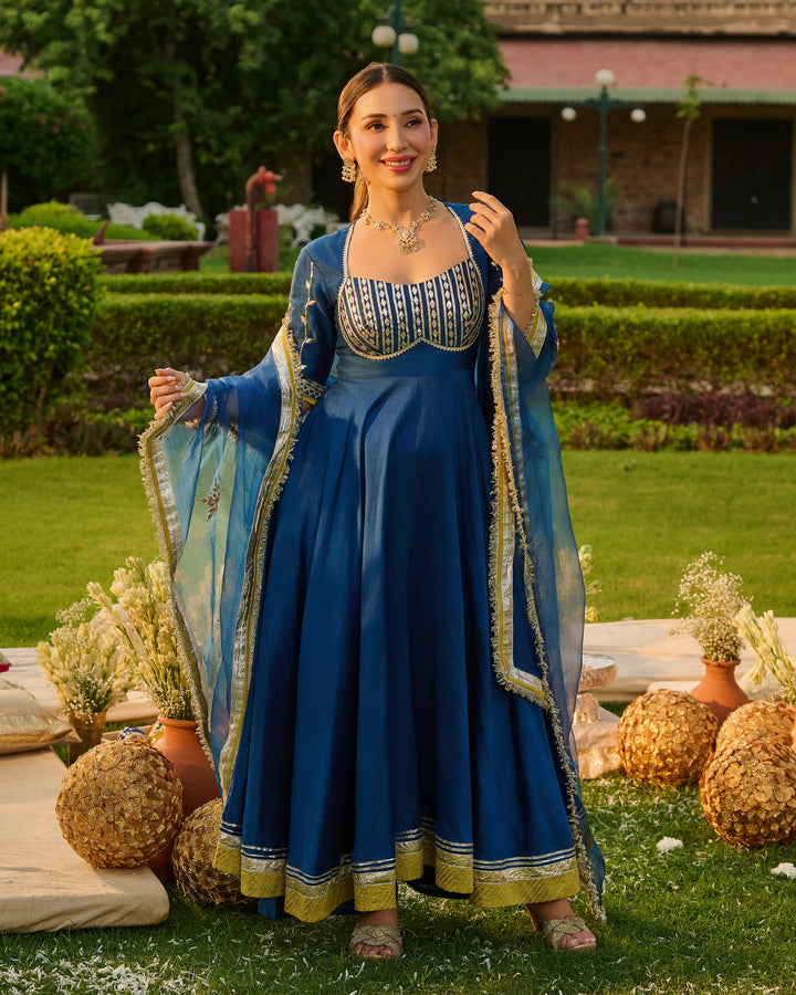 Deepisha Blue Embroidered Chanderi Suit Set