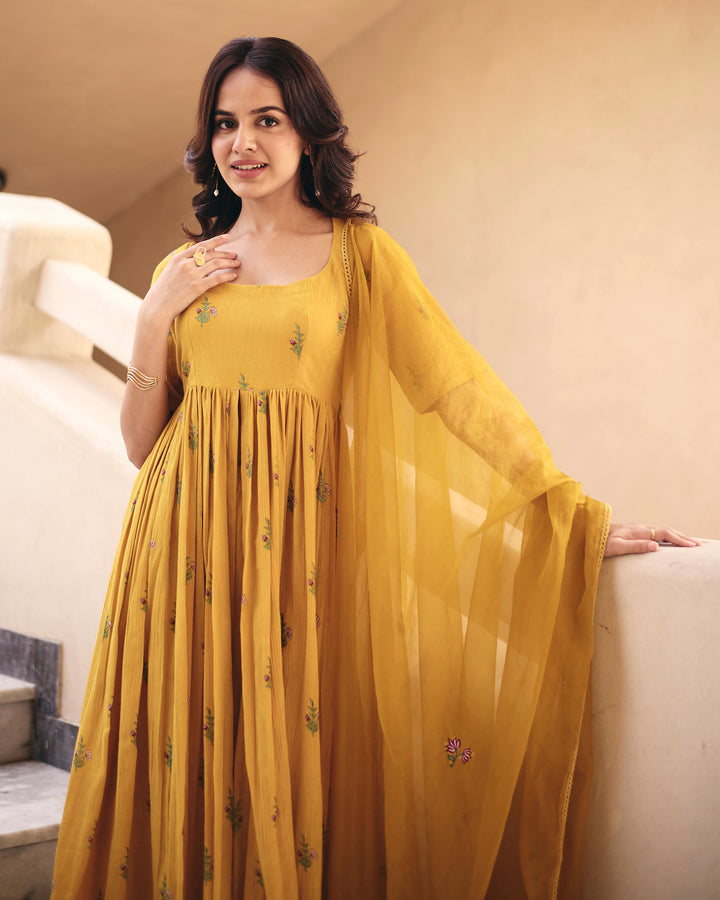 Zina Mustard Cotton Crush Printed Suit Set