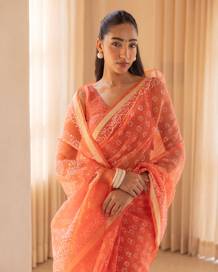 Aabheri Orange Doria Printed Saree