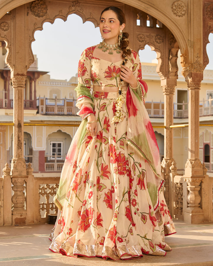 Fiza Cream Printed Viscose Organza Lehenga Set