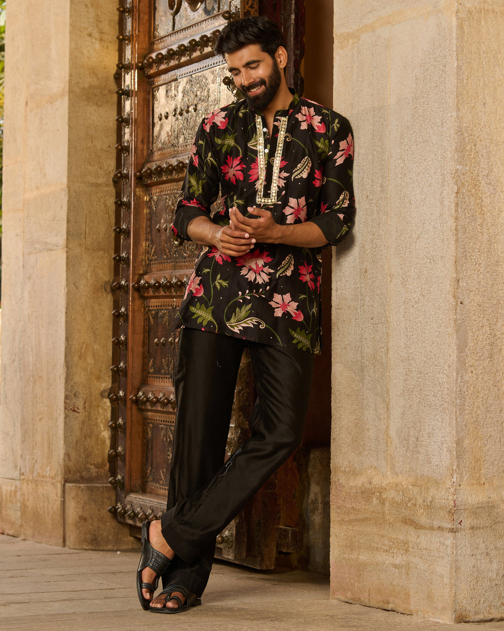 Keshav Black Printed Chanderi Kurta