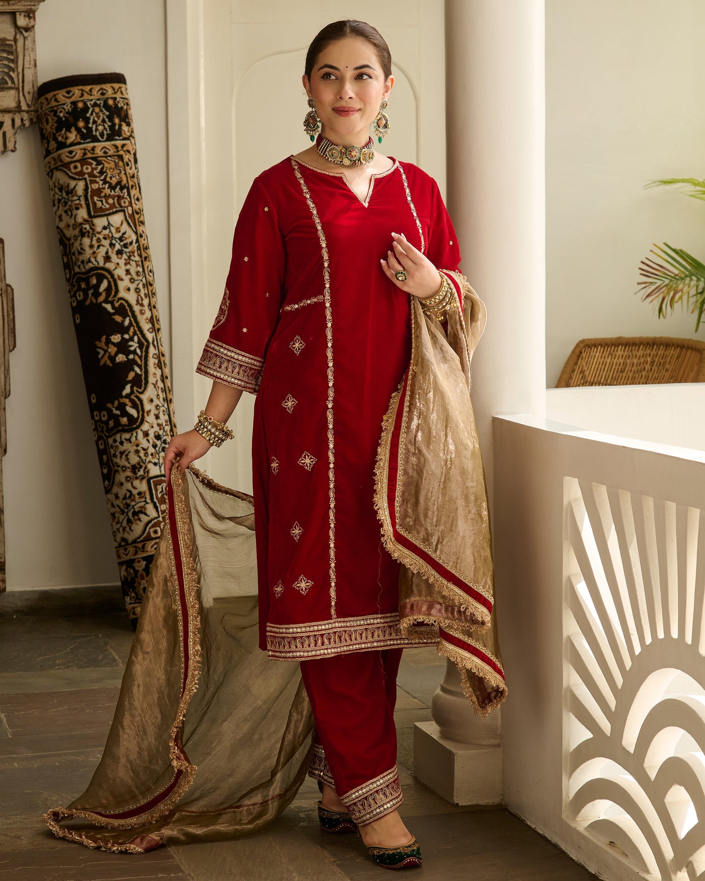 Saya Red Embroidered Velvet Suit Set