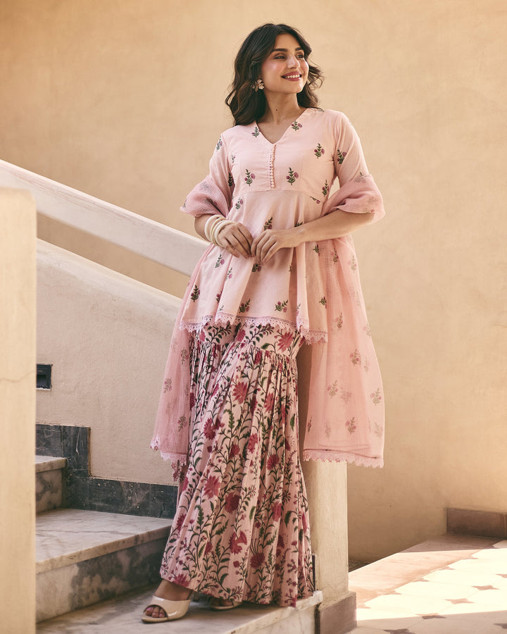 Mitya Powder Pink Cotton Printed Sharara Set