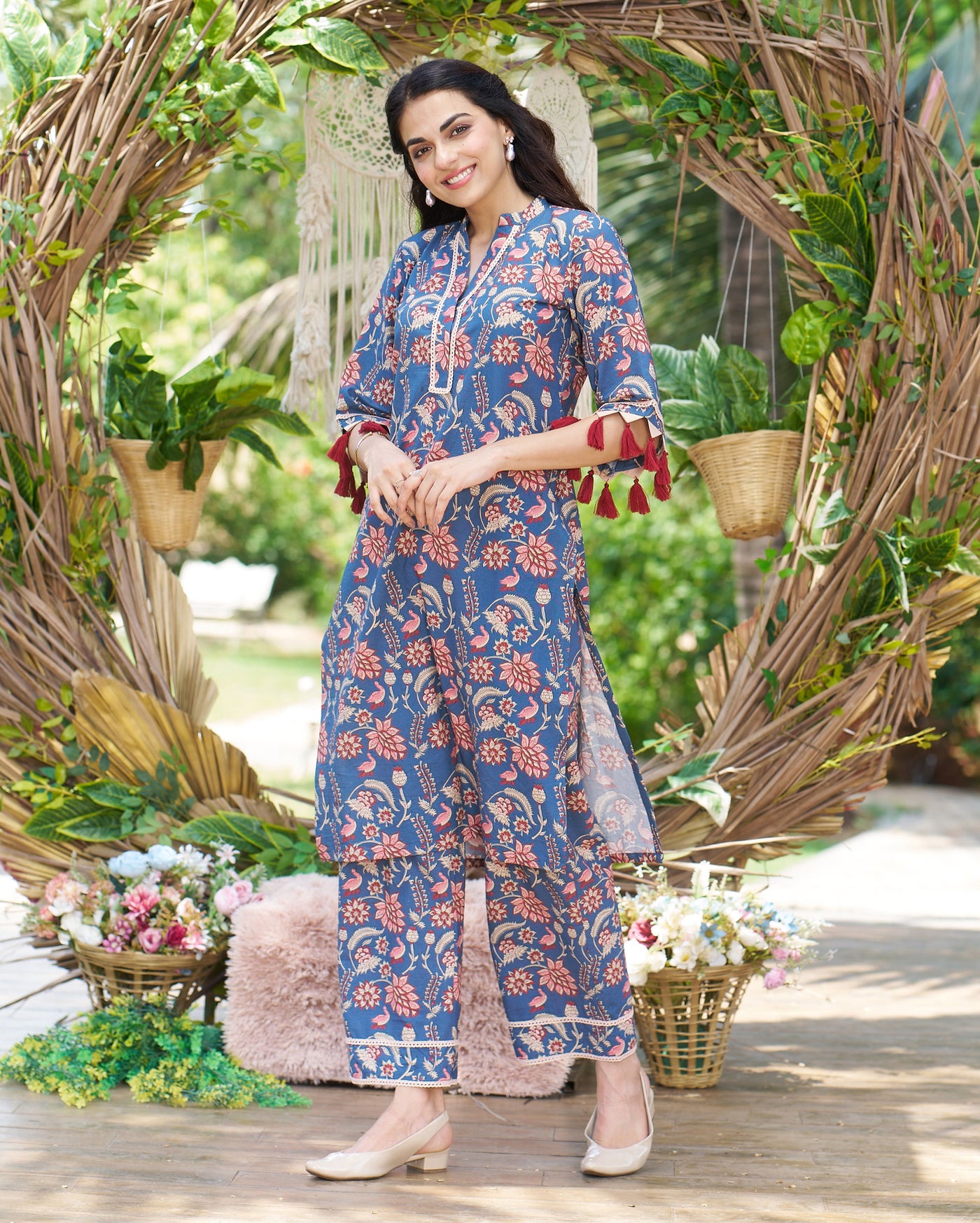 Kayra Blue Printed Cotton Kurta Set