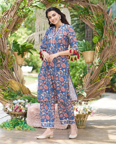 Kayra Blue Printed Cotton Kurta Set