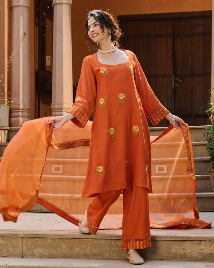 Nafees Orange Embroidered Chanderi Suit Set