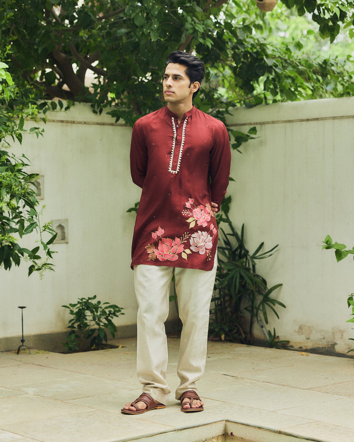 Ehran Brown Handpainted Silk Kurta