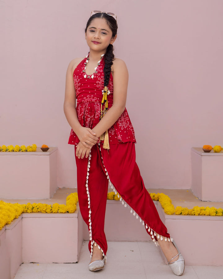 Mrunal Red Bandhani Satin Coord Set
