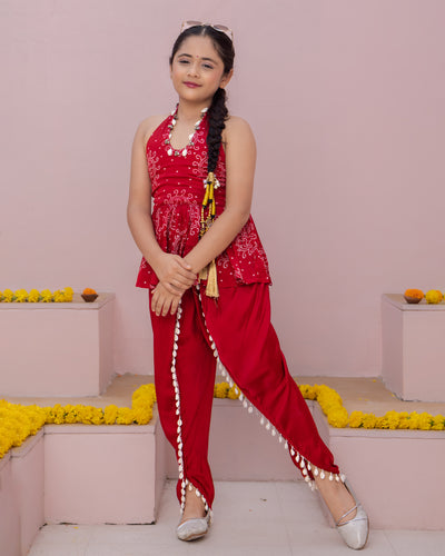 Mrunal Red Bandhani Satin Coord Set