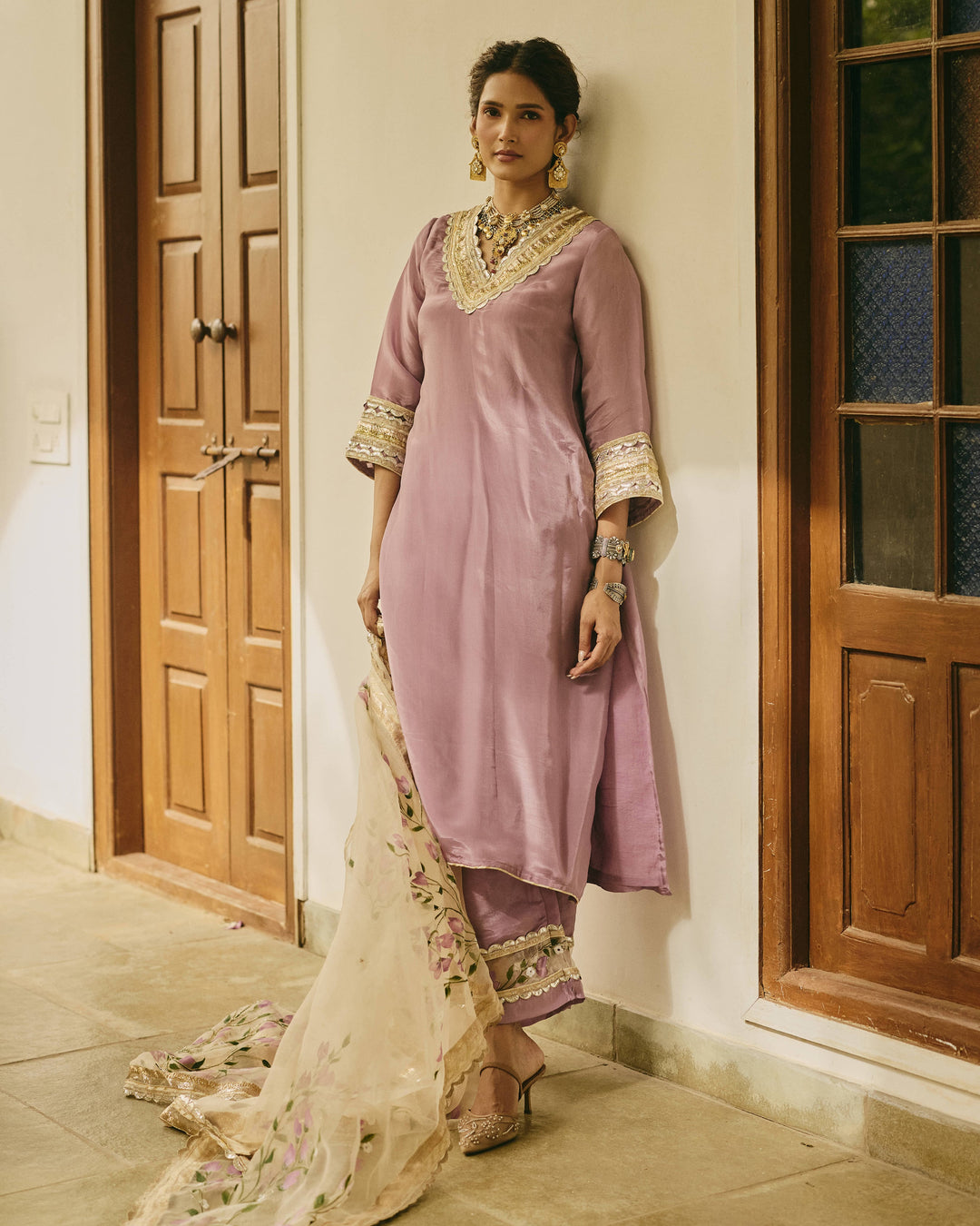 Zoyra Purple Handpainted Viscose Organza Suit Set