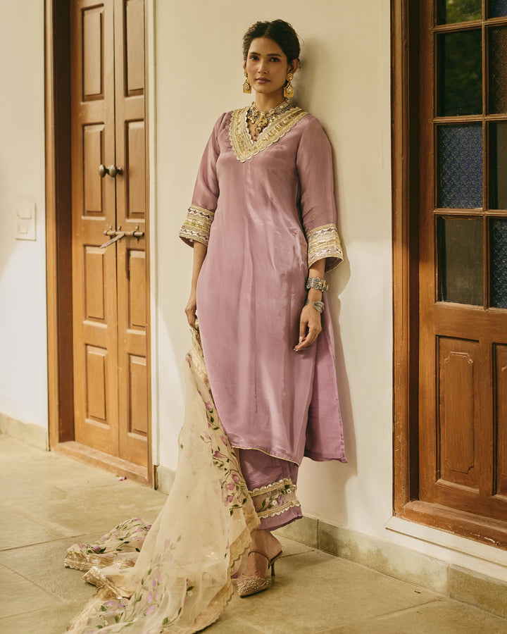 Zoyra Purple Handpainted Viscose Organza Suit Set