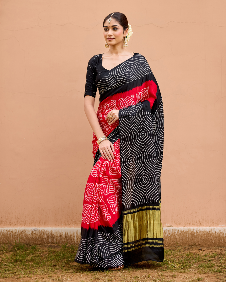 Rate Black Gajji Silk Bandhej Saree
