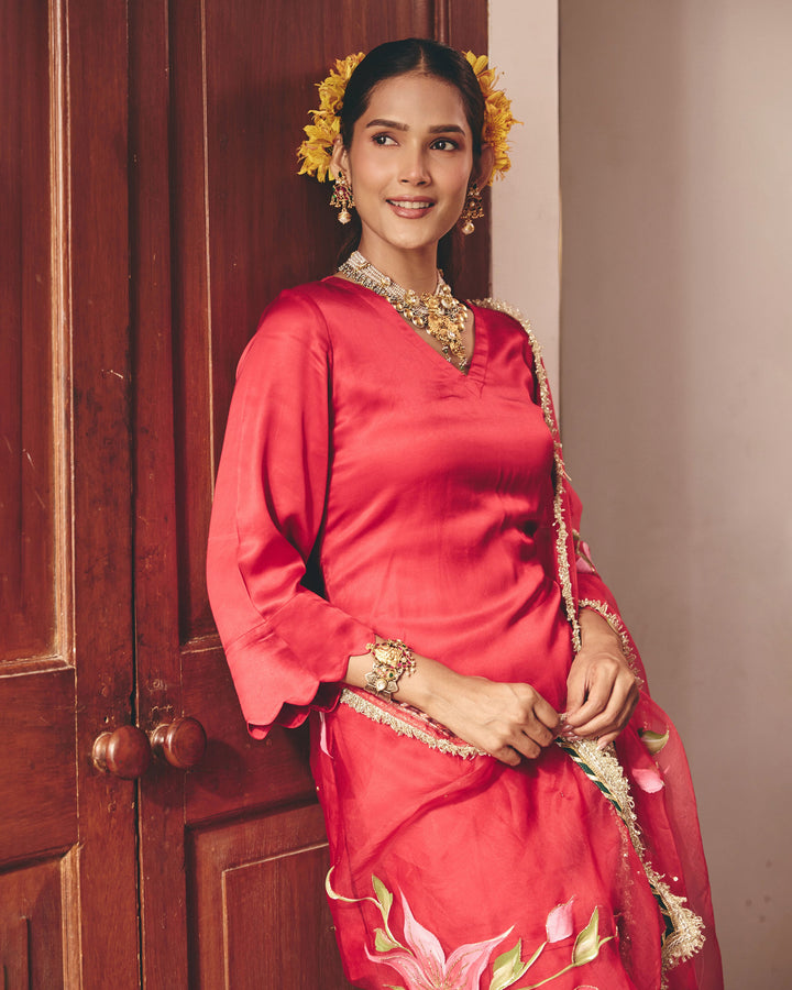 Moon Red Handpainted Satin Farsi Salwar Set