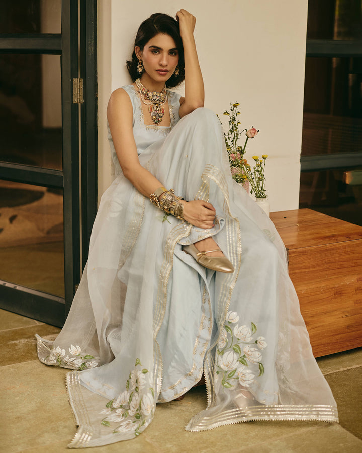 Varnali Blue Handpainted Chinon Suit Set