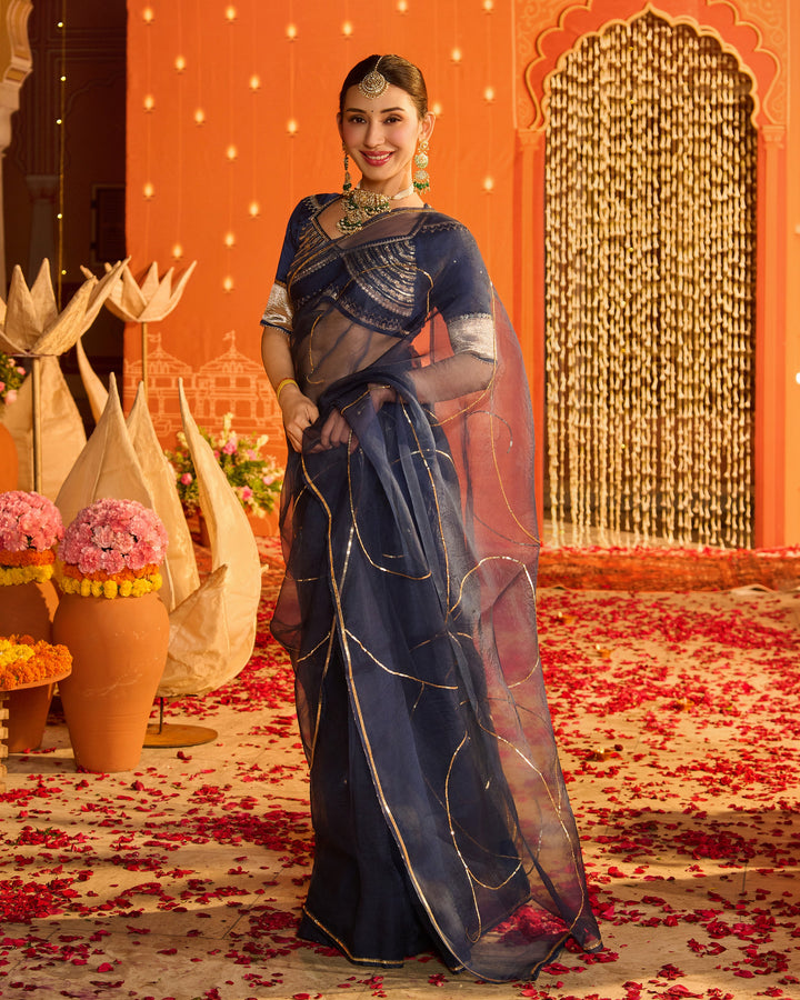 Noorika Blue Embroidered Satin Aangi Blouse And Saree