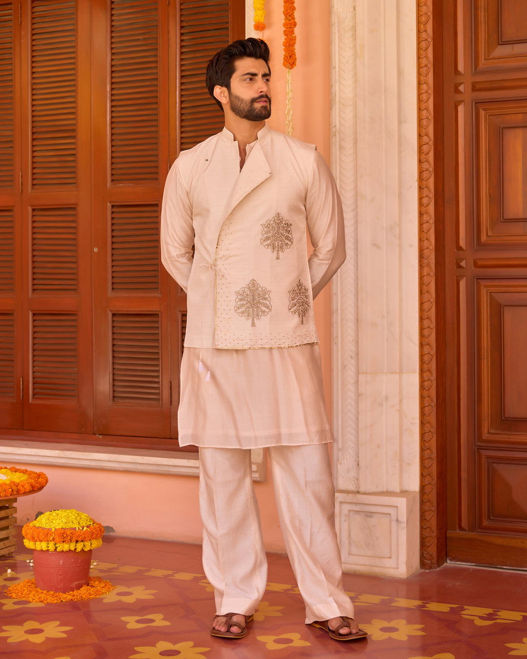 Geet Off-White Chanderi Embroidered Jacket And Kurta Set