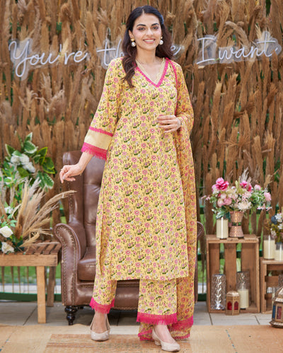 Flora Yellow Printed Cotton Suit Set