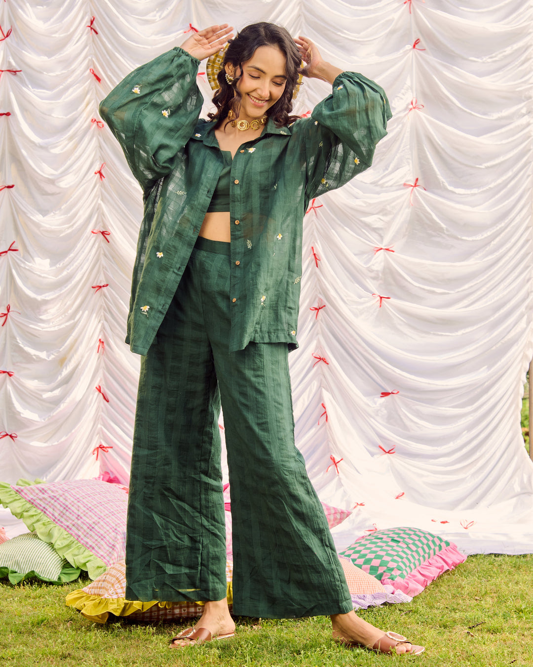 Gina Green Embroidered Cotton Checks Solid Coord Set