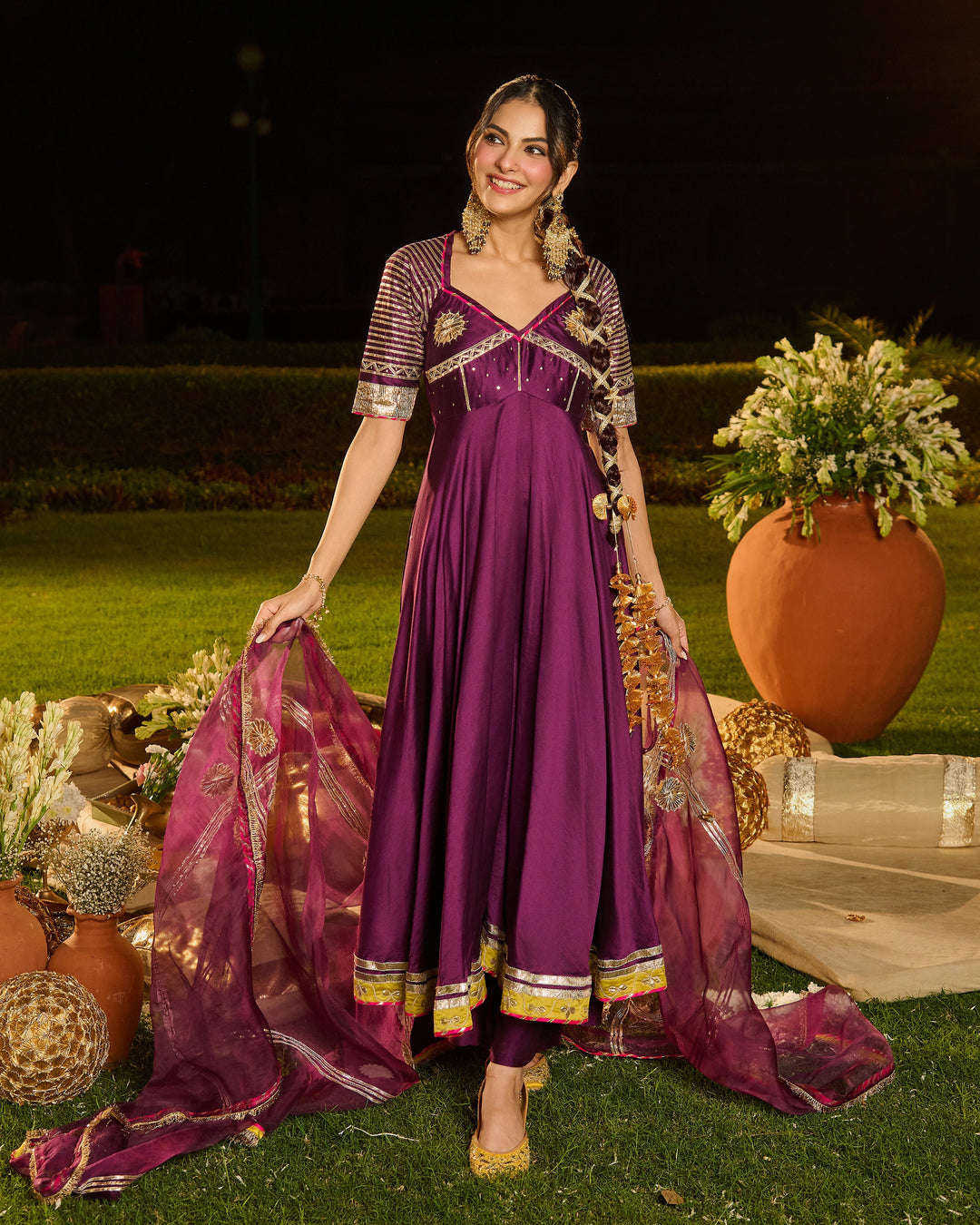 Pravya Purple Embroidered Chanderi Suit Set