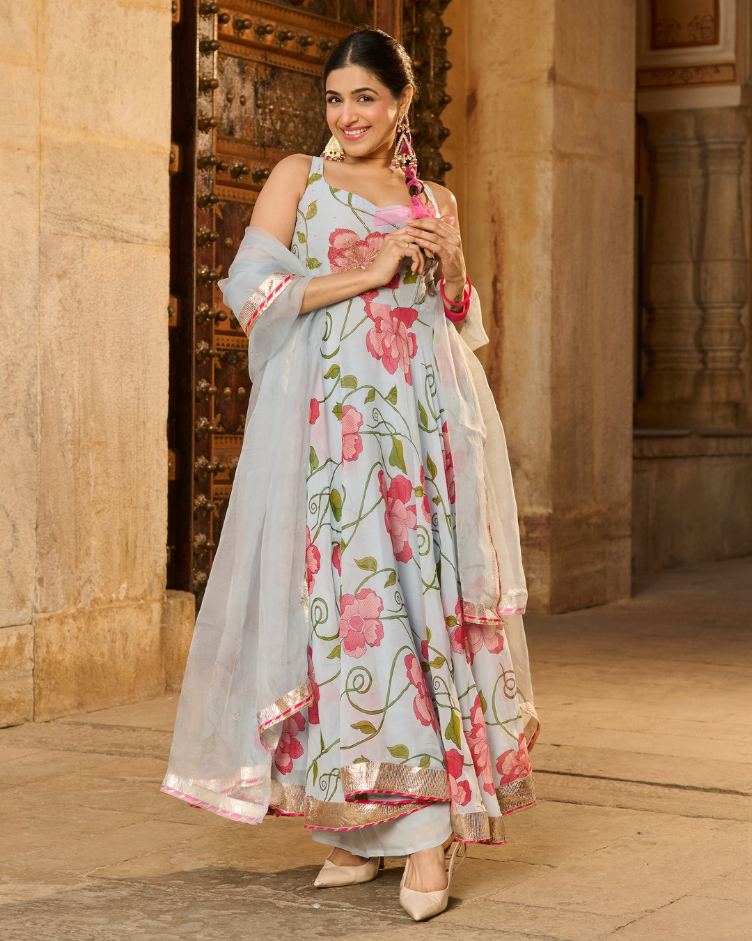 Astra Light Blue Printed Viscose Organza Suit Set