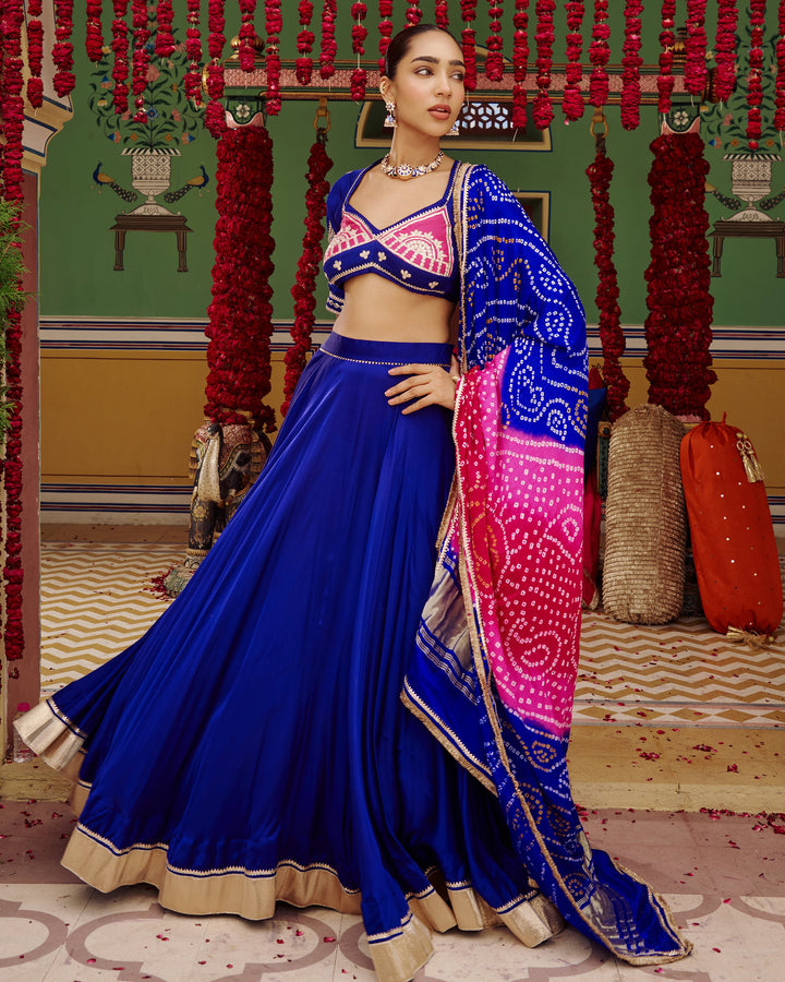 Mora Blue Embroidered Satin Lehenga Set