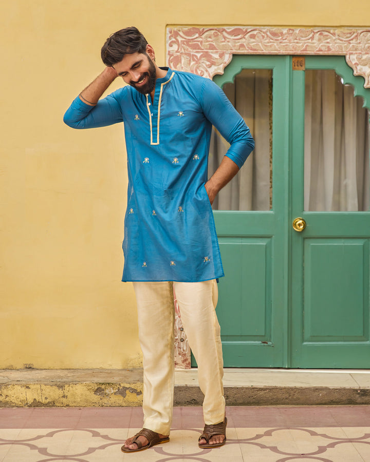 Piyush Teal Chanderi Embroidered Kurta