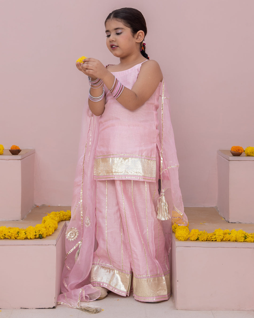 Mini Pink Solid Chanderi Suit Set