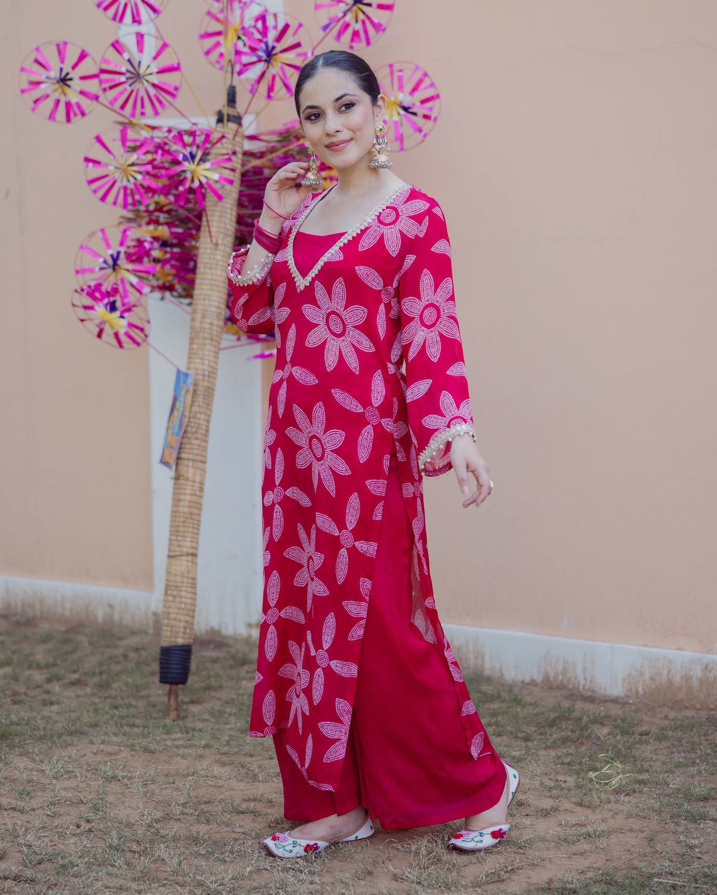 Sudha Pink Bandhani Chinon Kurta Set