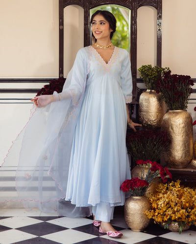 Star Blue Embroidered Cotton Suit Set