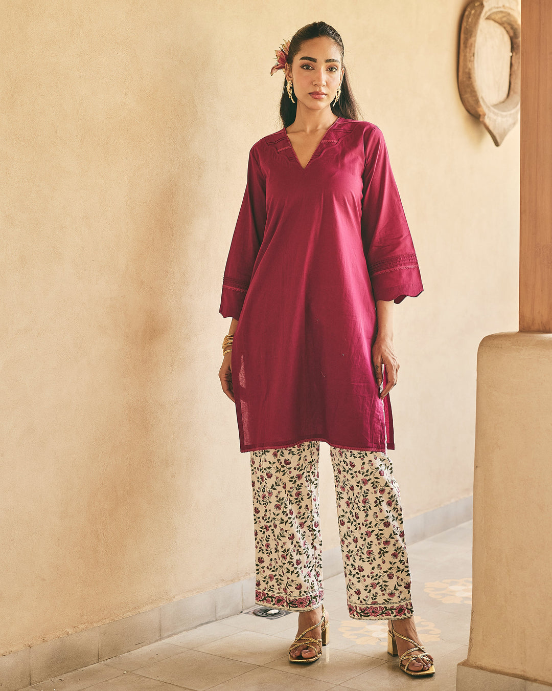 Gena Purple Cotton Printed Suit Set
